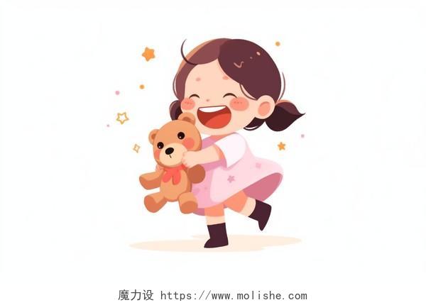 抱着小熊玩偶的小女孩卡通AI插画
